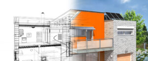 architectural drawing morphed with a completed house image