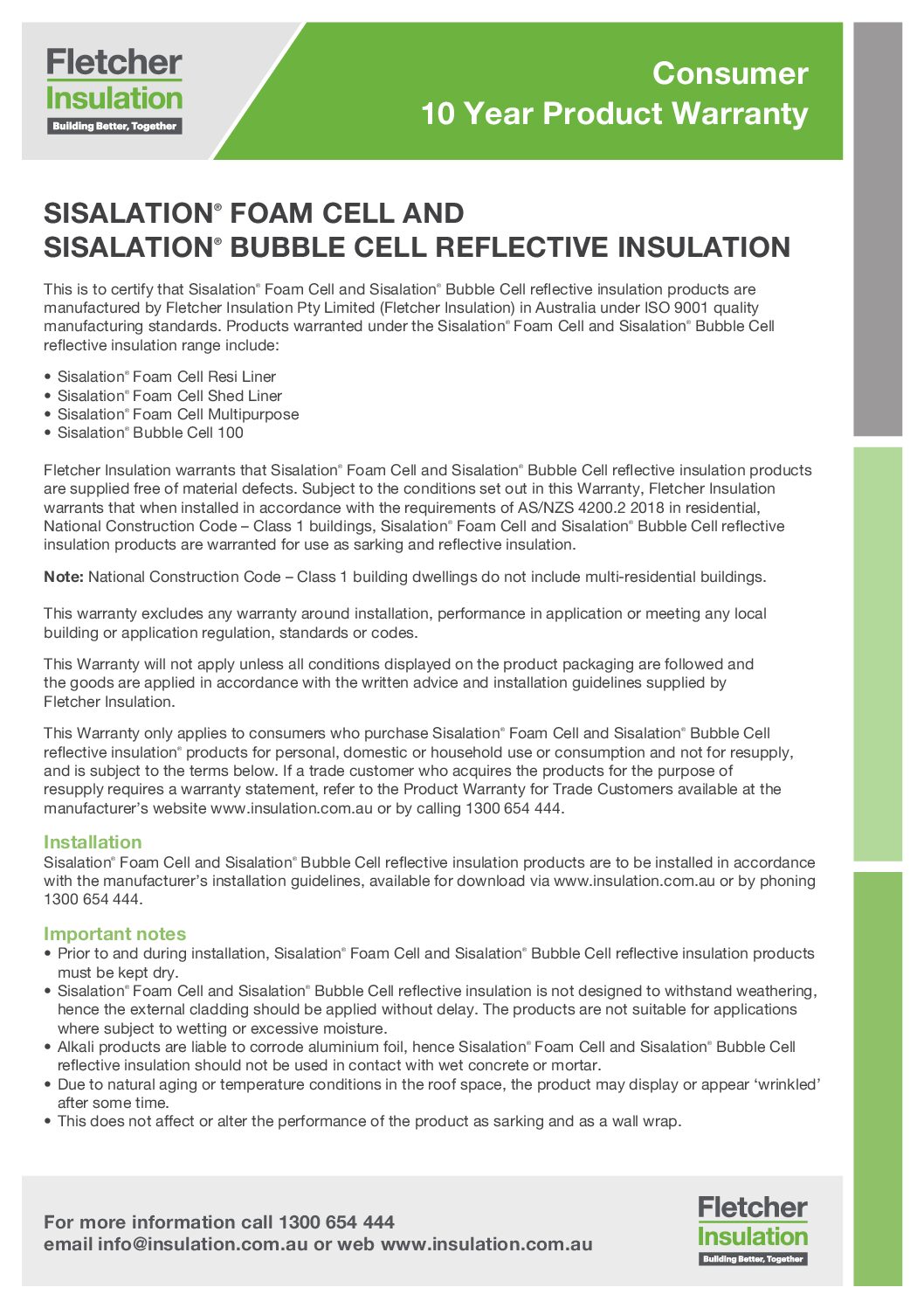 Sisalation® Foam Cell & Bubble Cell Consumer Warranty