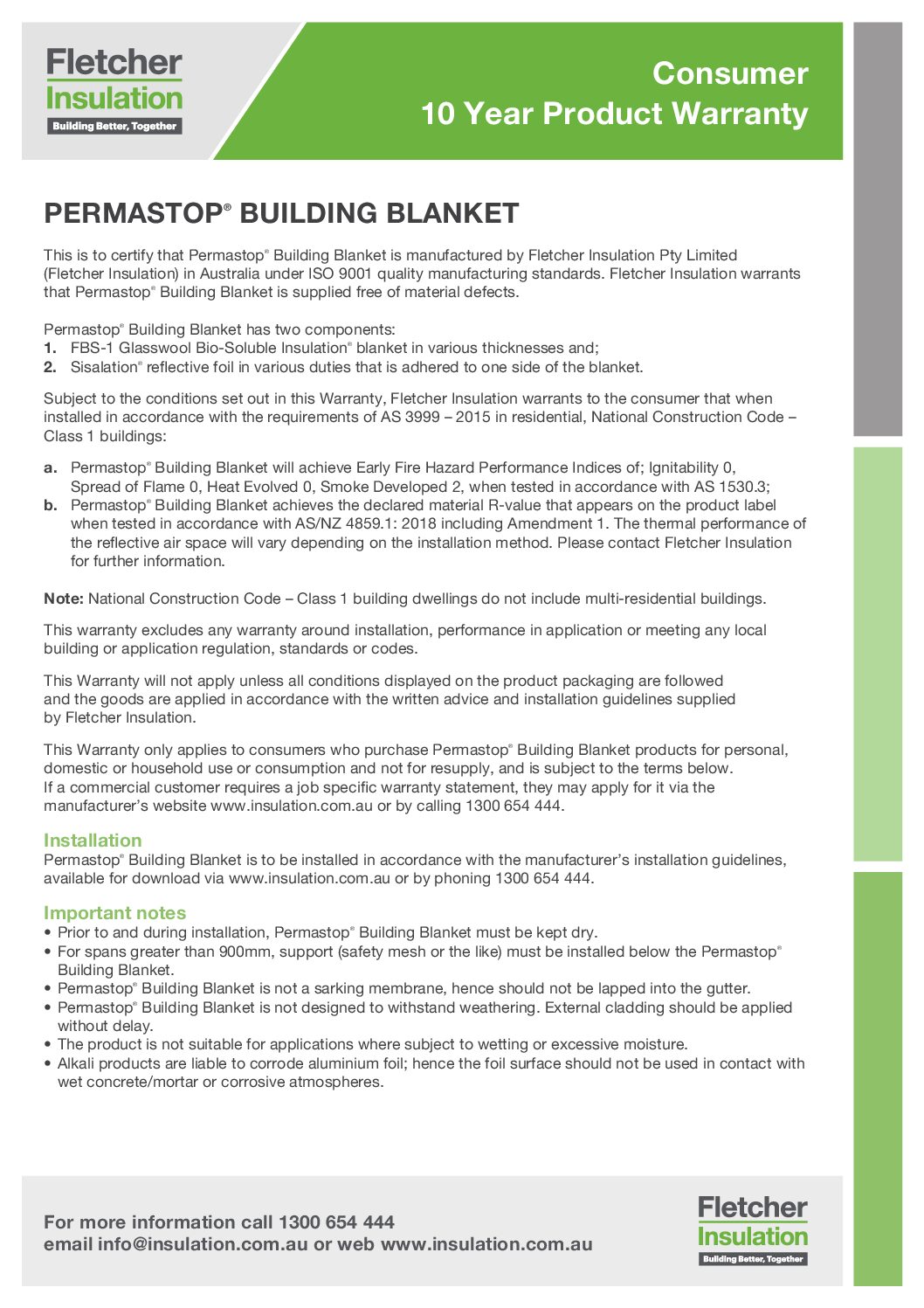 Permastop® Building Blanket Consumer Warranty