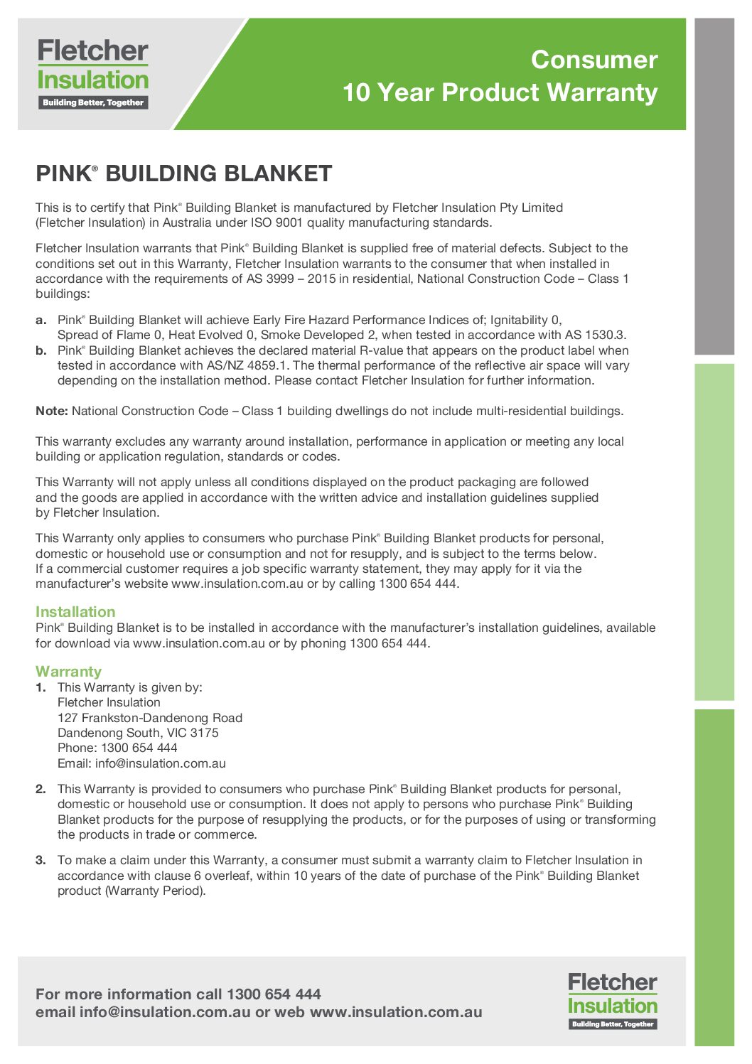 Pink® Building Blanket Consumer Warranty