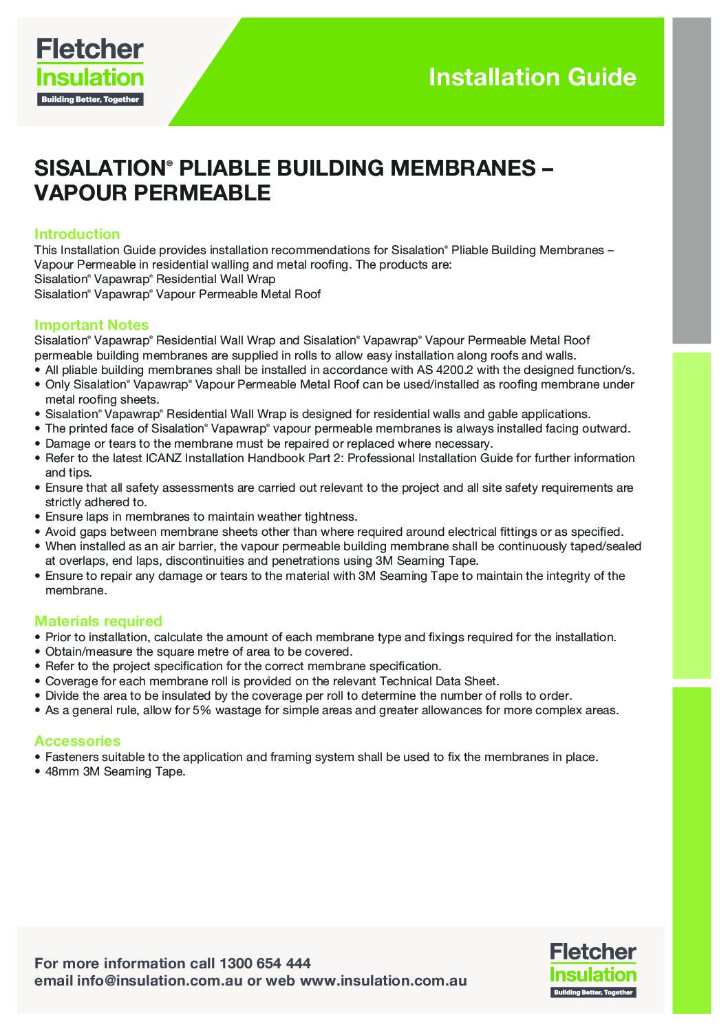 Installation Guidelines – Sisalation® Pliable Building Membranes – Vapour Permeable