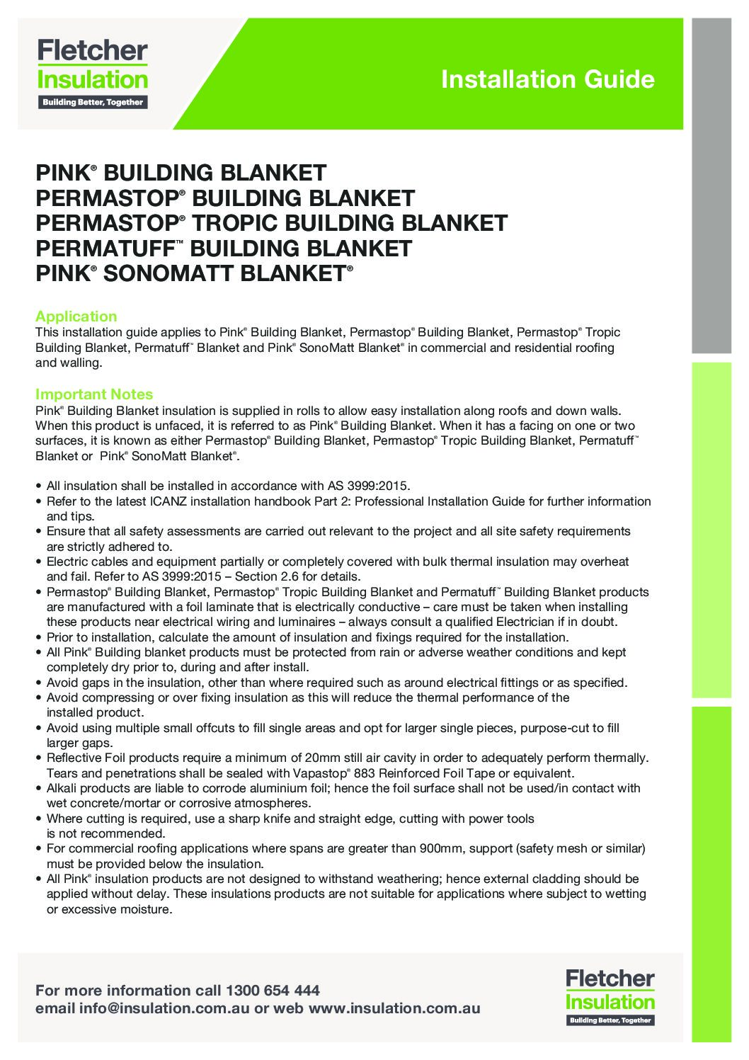 Installation Guidelines – Building Blankets – Pink® Building Blanket, Permastop®, Permastop® Tropic, Permatuff™, Pink® SonoMatt
