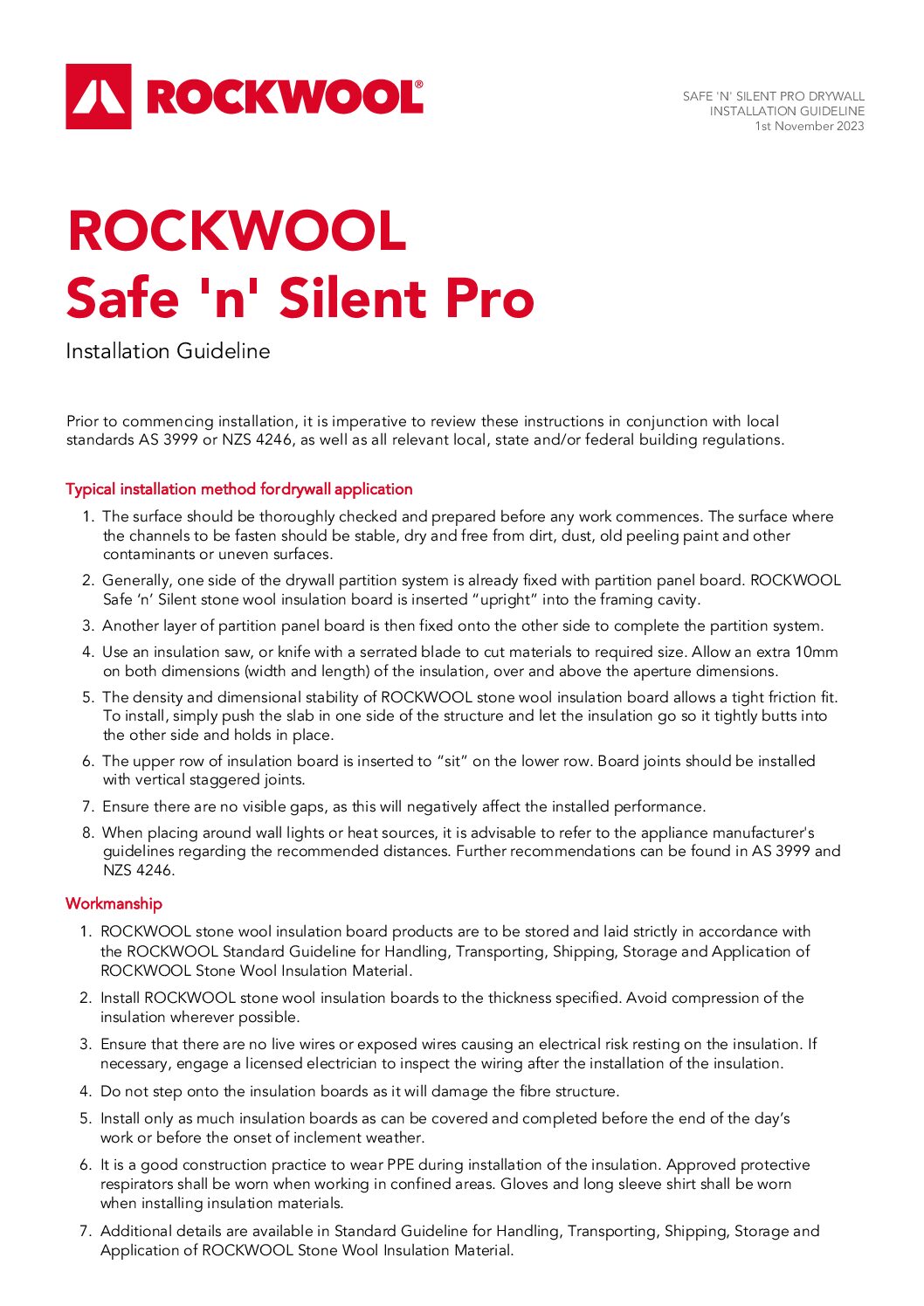 Installation Guidelines – Rockwool Safe ‘n’ Silent Pro – Internal Walls