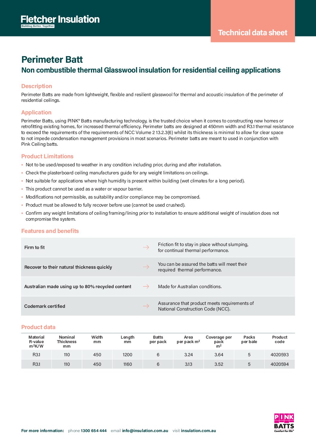 Technical Data Sheet – Pink® Perimeter Batts Ceiling Insulation