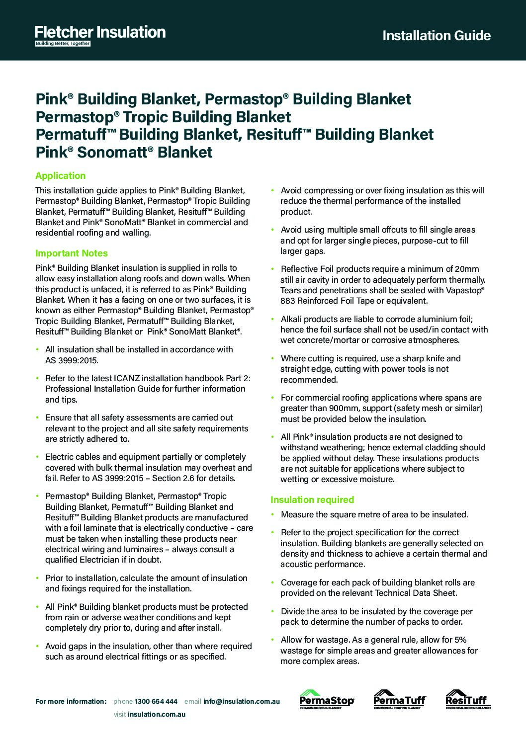 Installation Guidelines – Building Blankets – Pink® Building Blanket, Permastop®, Permastop® Tropic, Permatuff™, Pink® SonoMatt