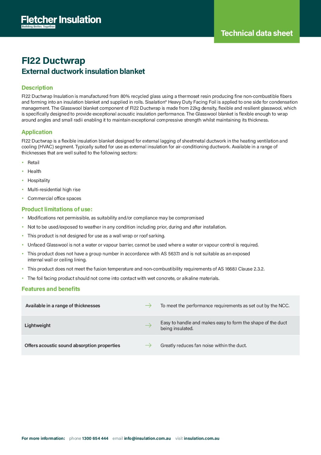 Technical Data Sheet – FI22 Ductwrap Insulation