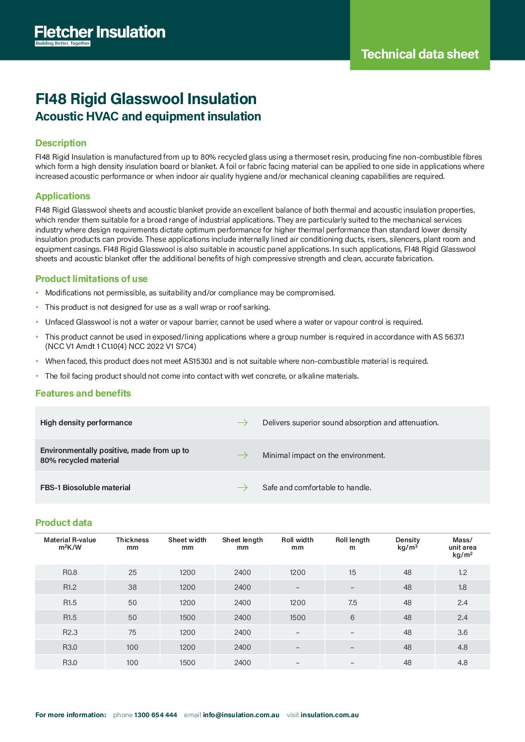 Technical Data Sheet – FI48 Rigid Glasswool Sheets and Acoustic Blanket