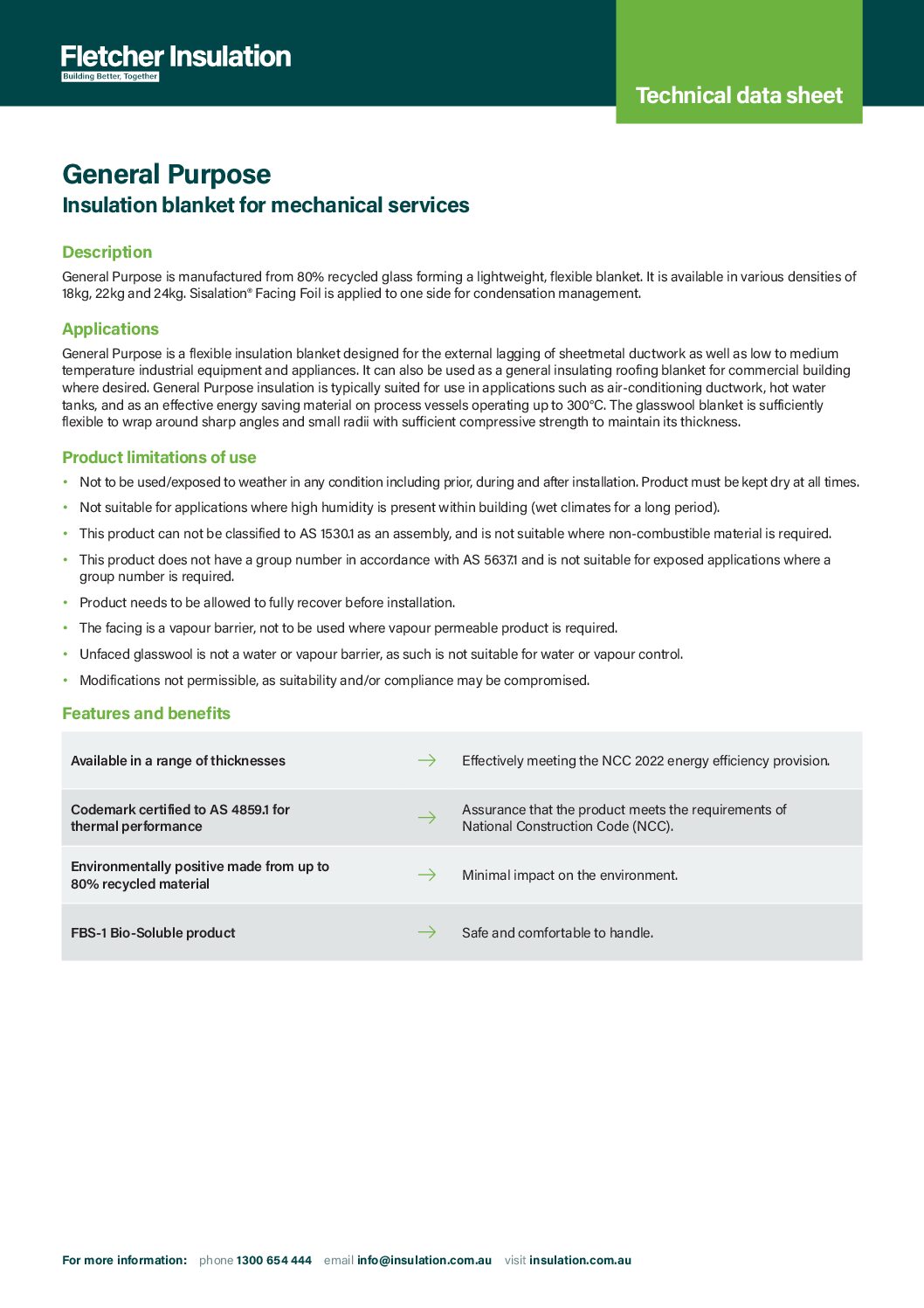 Technical Data Sheet – General Purpose Insulation Blanket – Mechanical Services