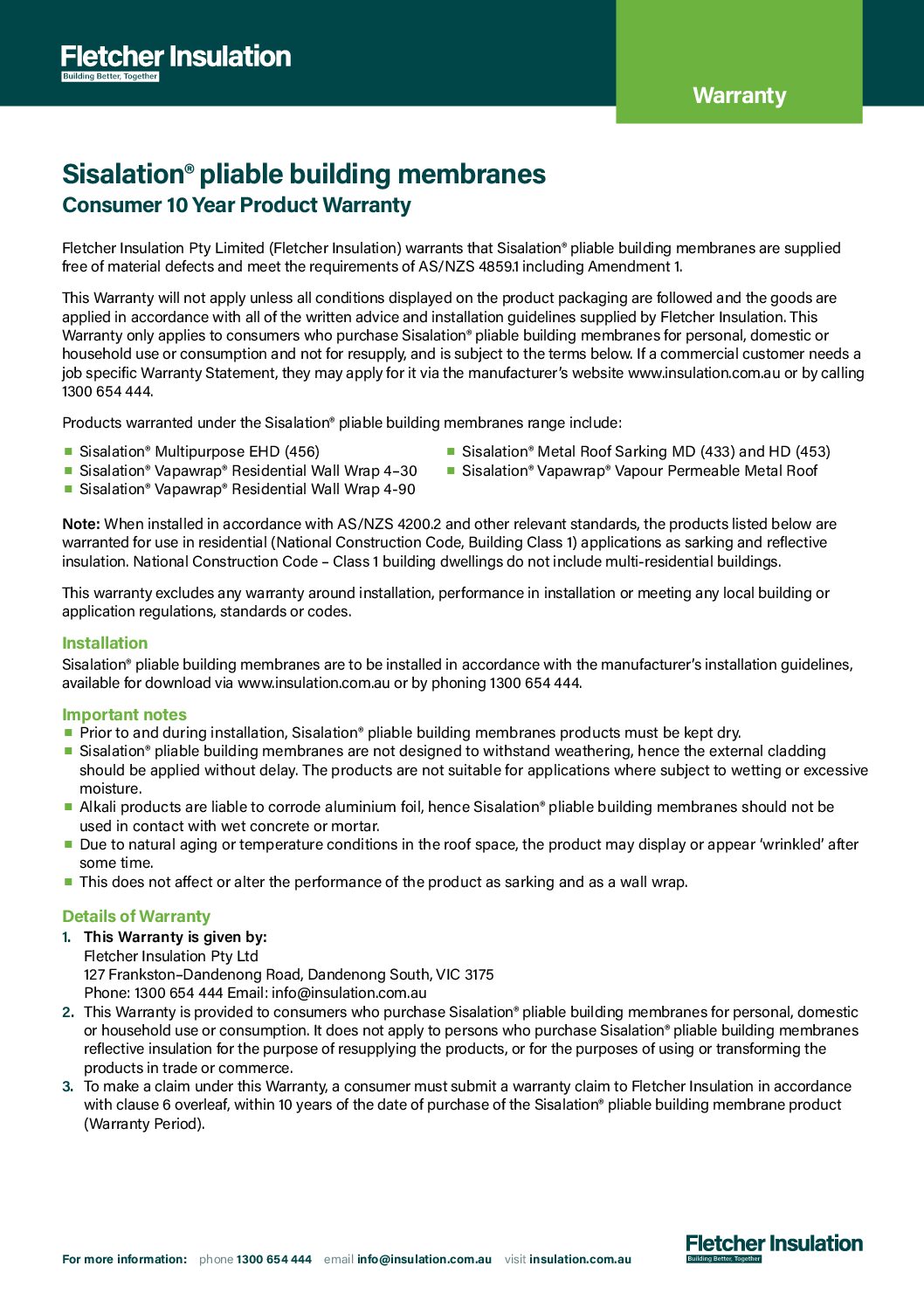 Consumer Warranty – Sisalation® Pliable Building Membranes
